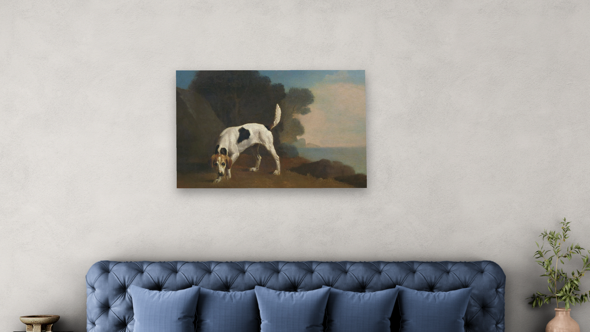 Foxhound by George Stubbs, shown at 28 × 42 in (71.1 × 106.7 cm) as gallery-wrapped canvas, bedroom