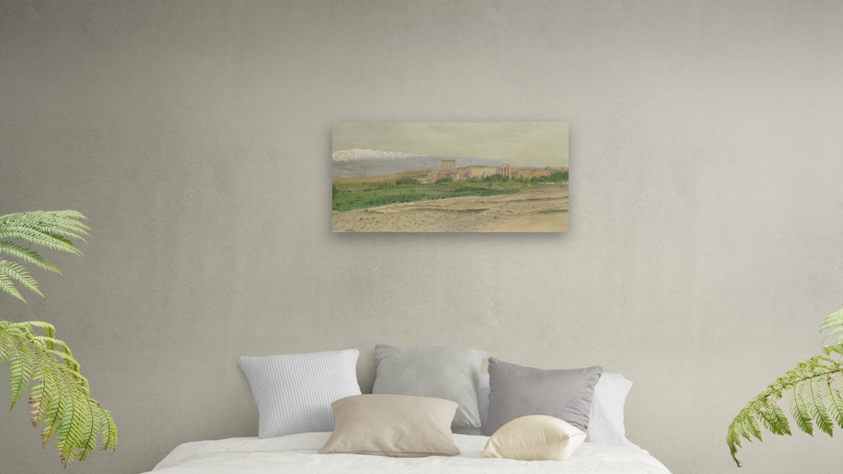 View of Baalbek by Frederic Edwin Church, shown at 20 × 40 in (50.8 × 101.6 cm) as gallery-wrapped canvas, bedroom