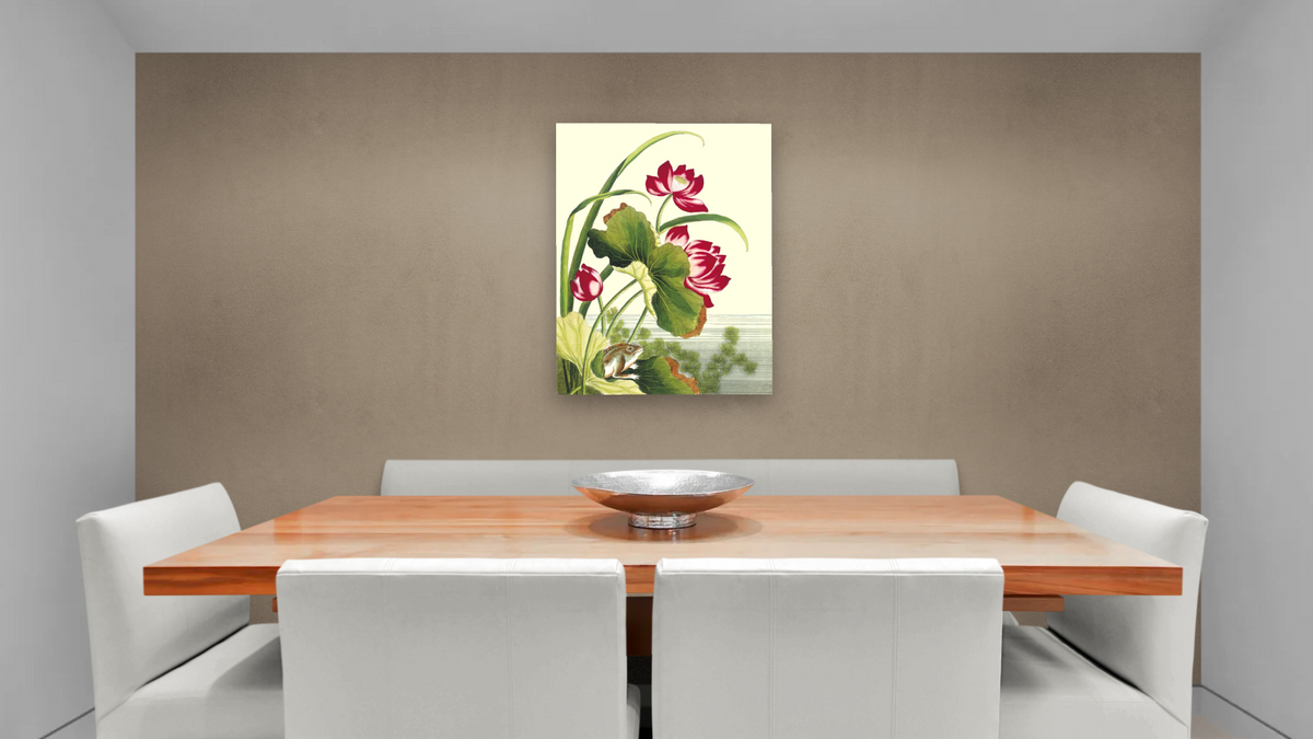 Red lotus with frog by Pierre Joseph Buchoz, shown at 30 × 40 in (76.2 × 101.6 cm) as gallery-wrapped canvas, dining