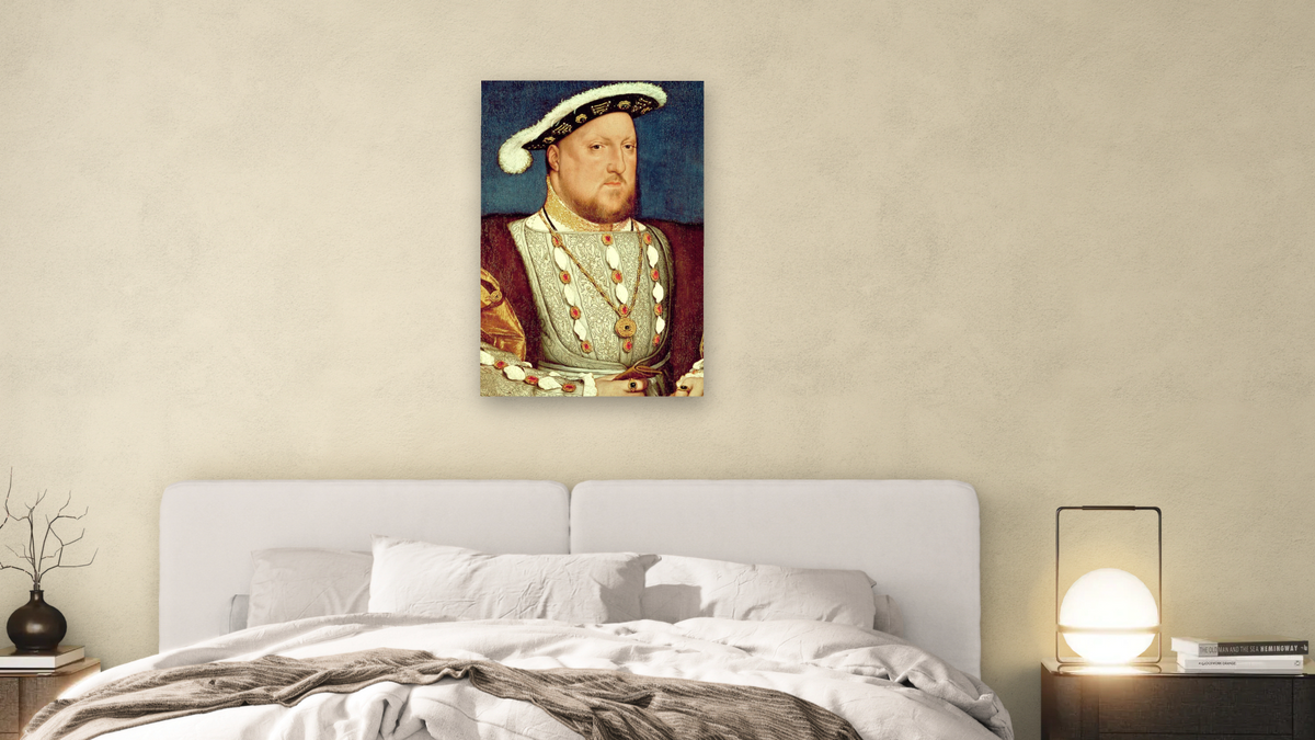 King Henry VIII by Hans Holbein the Younger, shown at 28 × 42 in (71.1 × 106.7 cm) as gallery-wrapped canvas, bedroom