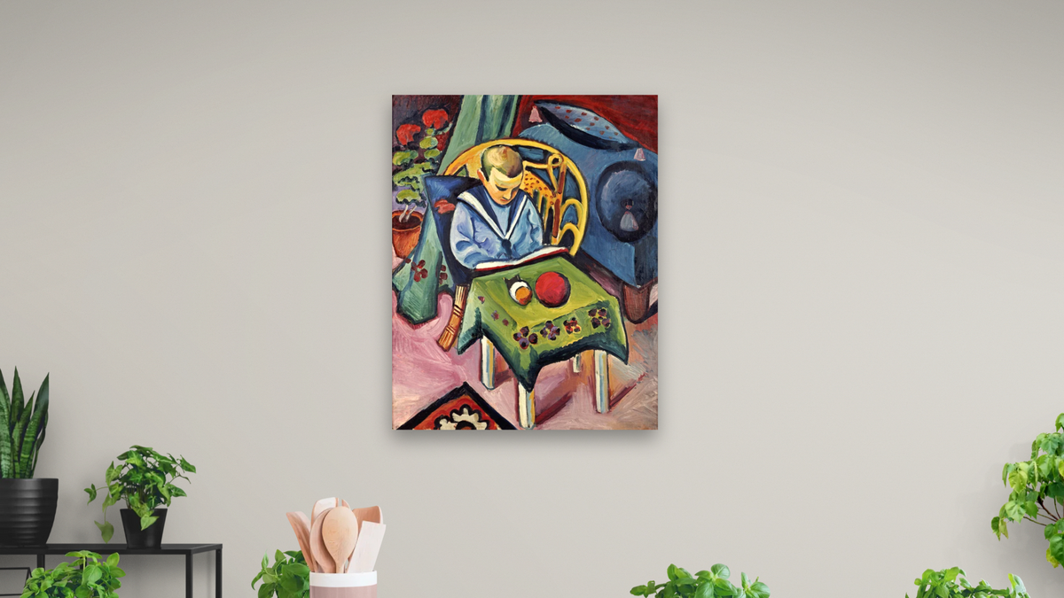 A Young Boy With Books and Toys by August Macke, shown at 32 × 40 in (81.3 × 101.6 cm) as gallery-wrapped canvas, dining