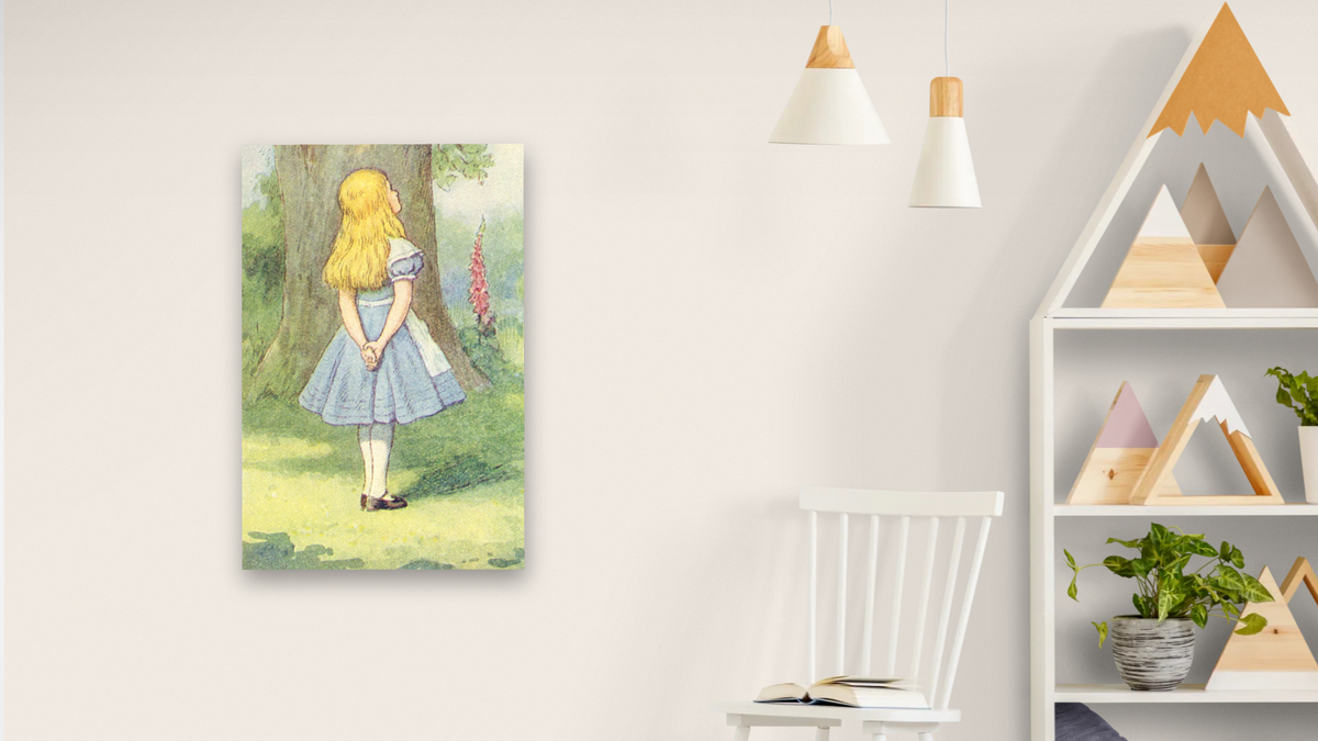 Alice and the Cheshire Cat, illustration from 'Alice in Wonderland' by Lewis Carroll by John Tenniel, shown at 28 × 42 in (71.1 × 106.7 cm) as gallery-wrapped canvas, nursery