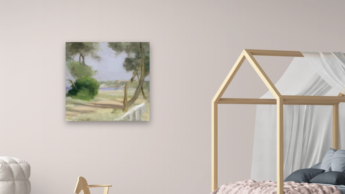 Beaumaris foreshore by Clarice Beckett, shown at 32 × 32 in (81.3 × 81.3 cm) as gallery-wrapped canvas, bedroom