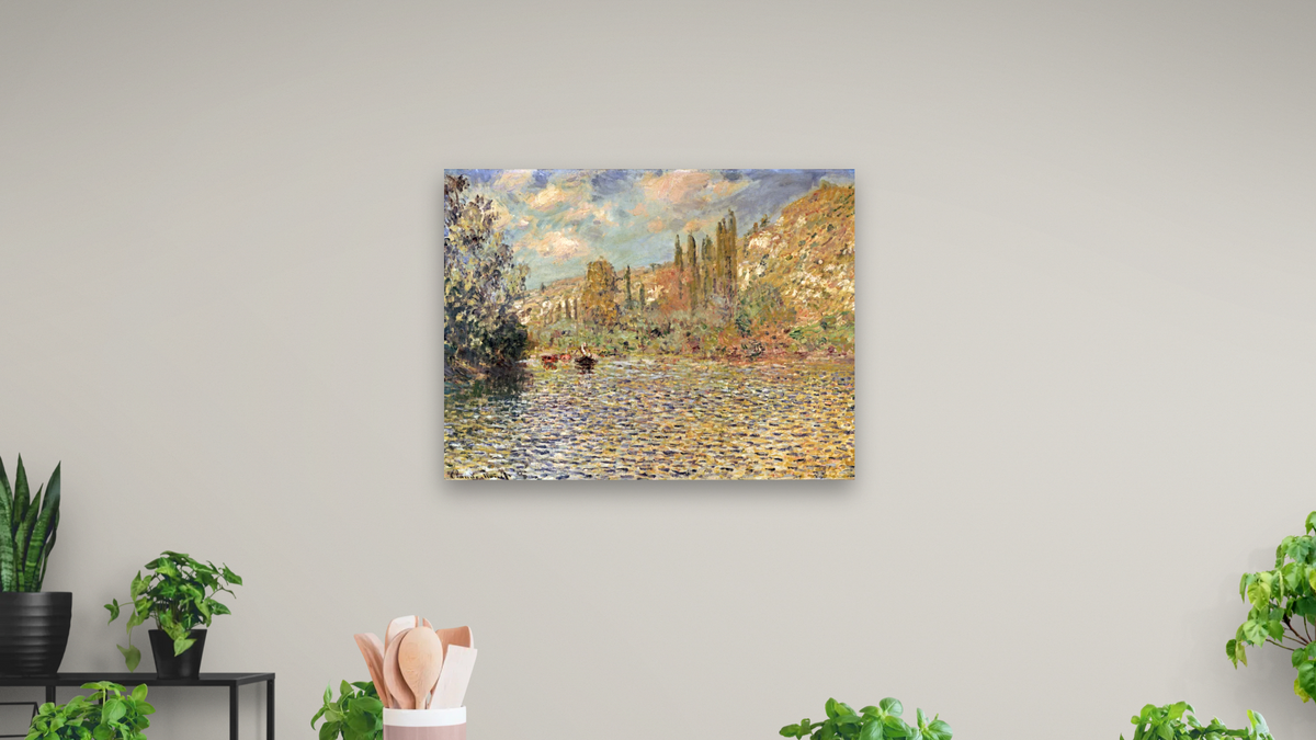 The Seine at Vetheuil by Claude Monet, shown at 30 × 40 in (76.2 × 101.6 cm) as gallery-wrapped canvas, dining