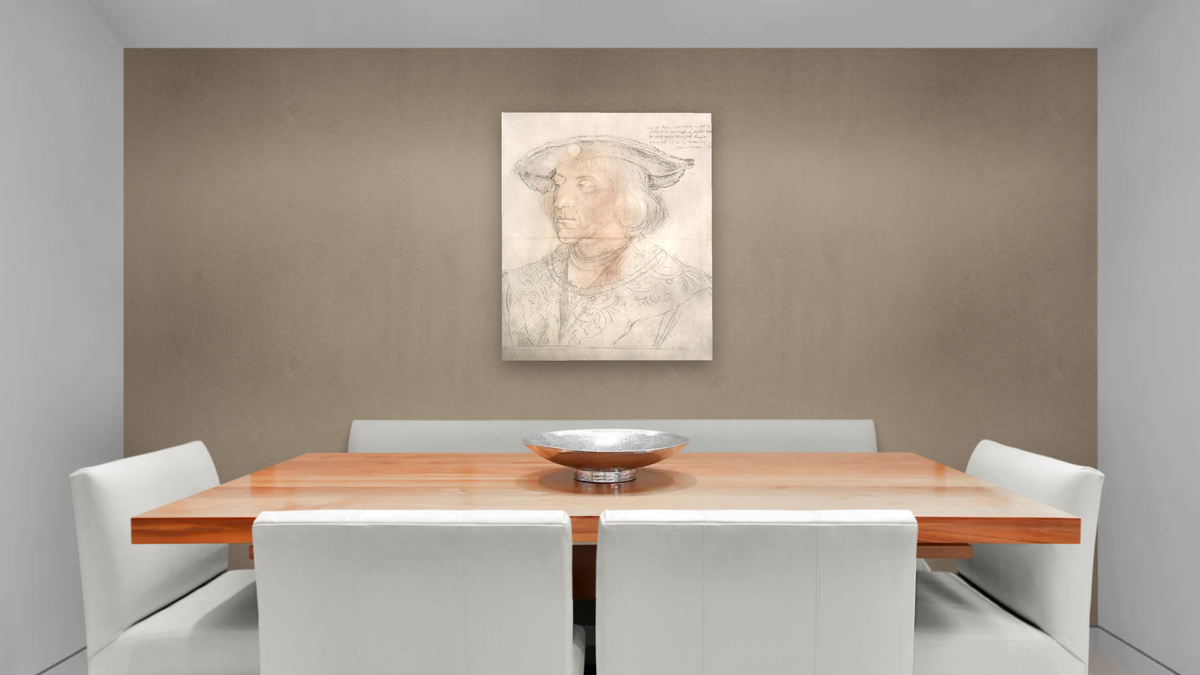 Maximilian I, Emperor of Germany (1459-1519) by Albrecht Dürer, shown at 32 × 40 in (81.3 × 101.6 cm) as gallery-wrapped canvas, dining