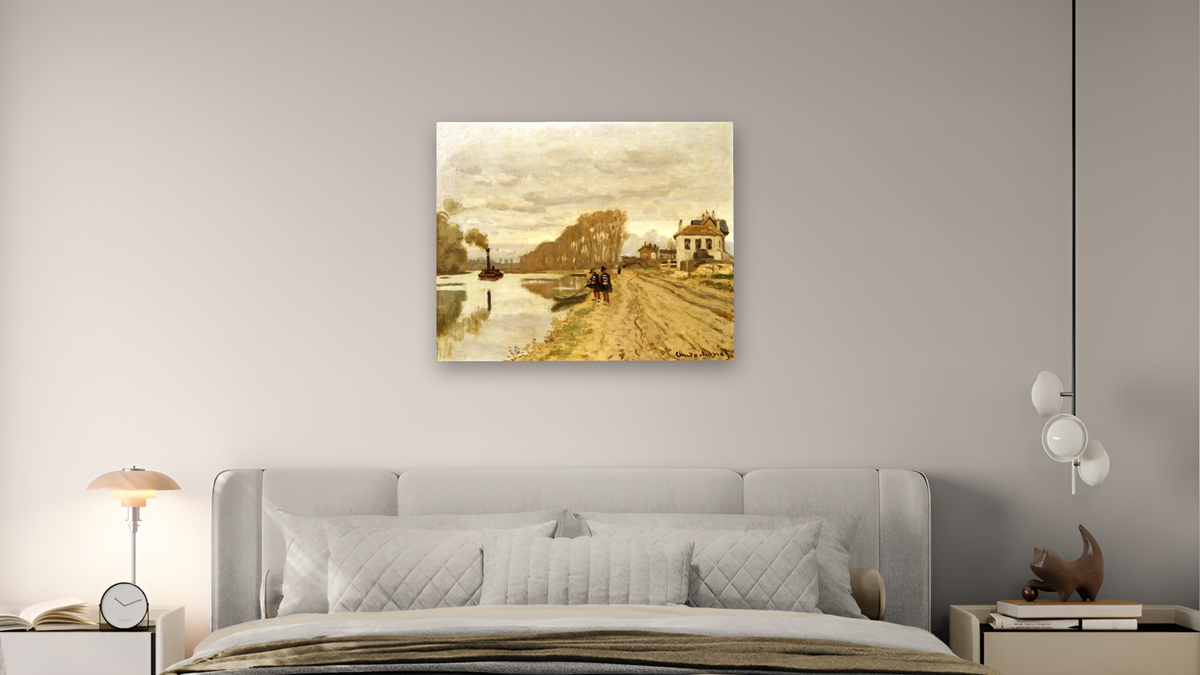 Infantrymen of The Flanant Guard On The Water by Claude Monet, shown at 32 × 40 in (81.3 × 101.6 cm) as gallery-wrapped canvas, bedroom
