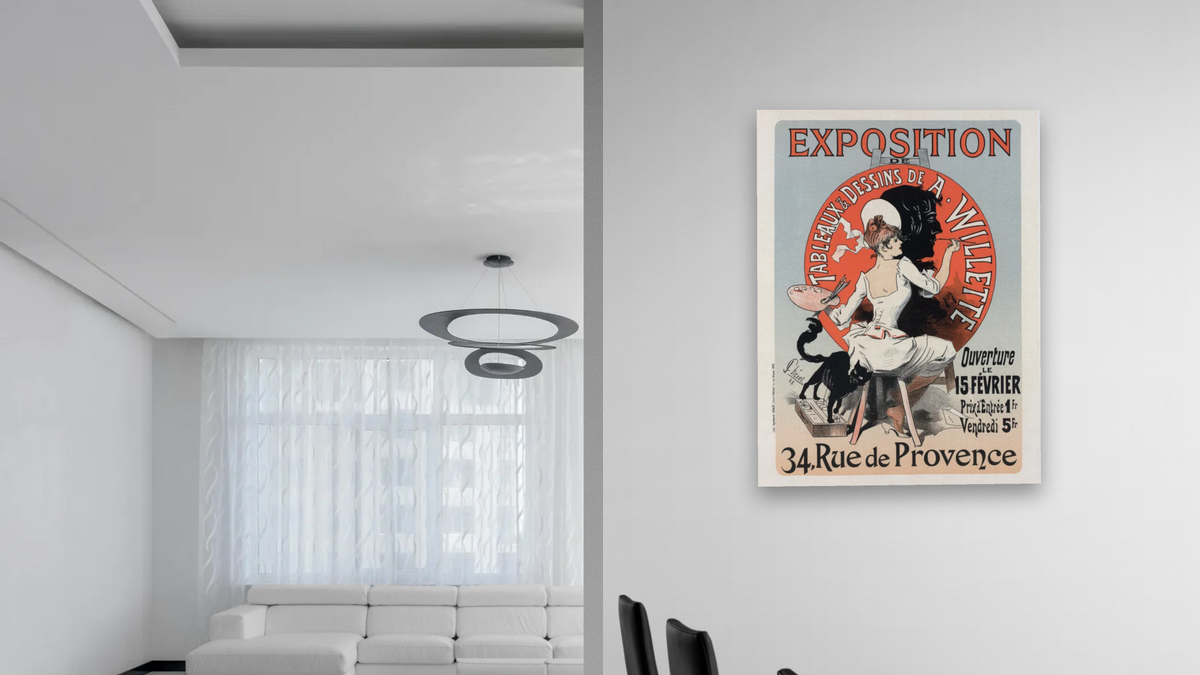 l'Exposition de Tableaux et Dessins de A. Willette, from Les Maîtres de l'affiche, Volume 3 by Jules Chéret, shown at 30 × 40 in (76.2 × 101.6 cm) as gallery-wrapped canvas, dining