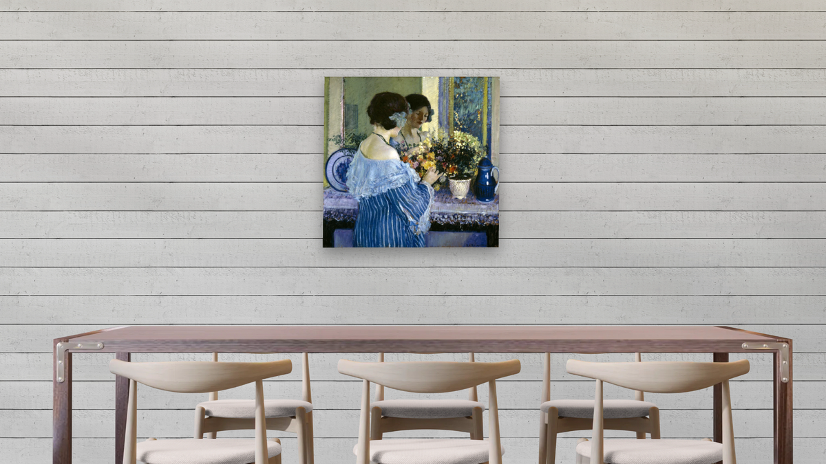 Girl in Blue Arranging Flowers by Frederick Carl Frieseke, shown at 32 × 32 in (81.3 × 81.3 cm) as gallery-wrapped canvas, dining