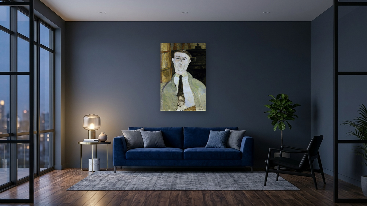 Paul Guillaume by Amedeo Modigliani, shown at 28 × 42 in (71.1 × 106.7 cm) as gallery-wrapped canvas, den