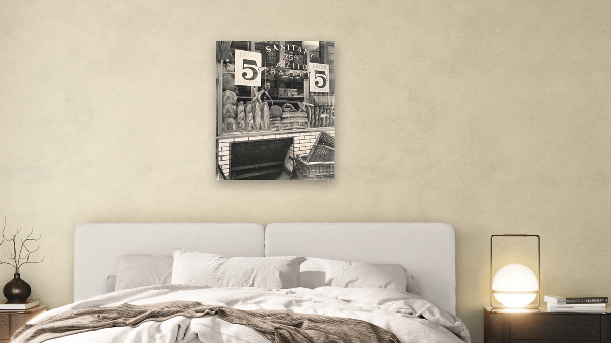Bread Store, 229 Bleecker Street by Berenice Abbott, shown at 32 × 40 in (81.3 × 101.6 cm) as gallery-wrapped canvas, bedroom