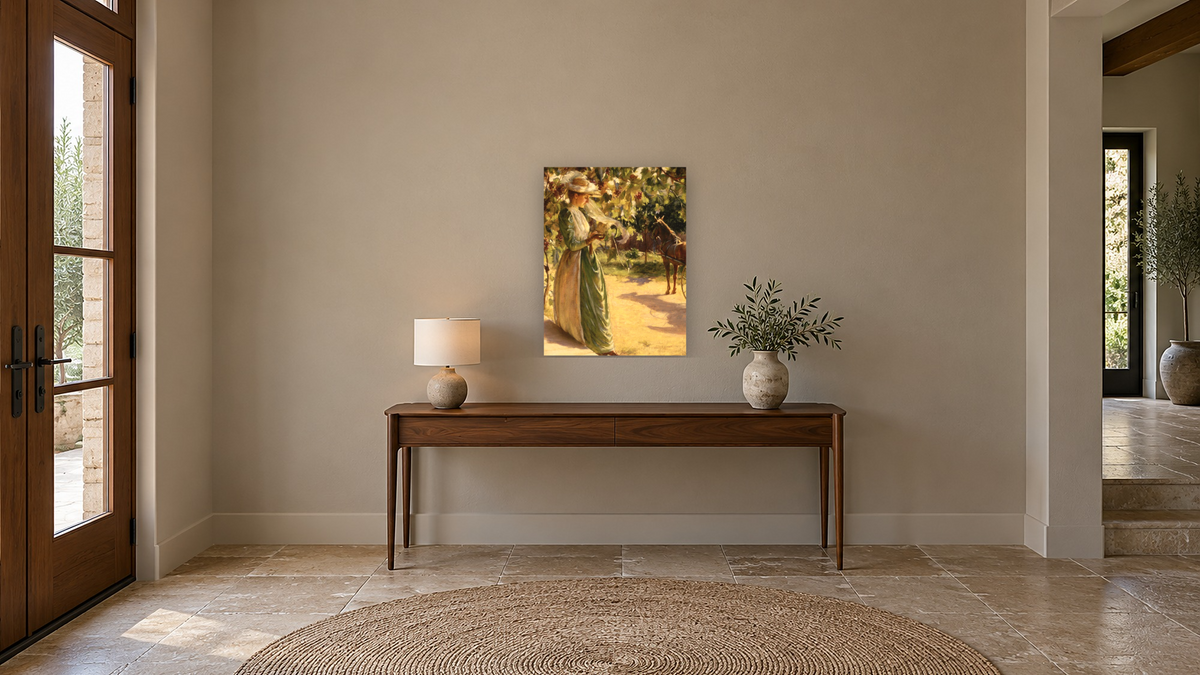 Woman with Horse and Carriage (Going for a Drive) by Charles Courtney Curran, shown at 30 × 40 in (76.2 × 101.6 cm) as gallery-wrapped canvas, hallway