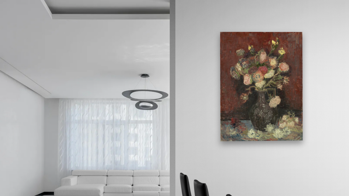 Vase with Autumn Asters by Vincent van Gogh, shown at 30 × 40 in (76.2 × 101.6 cm) as gallery-wrapped canvas, dining
