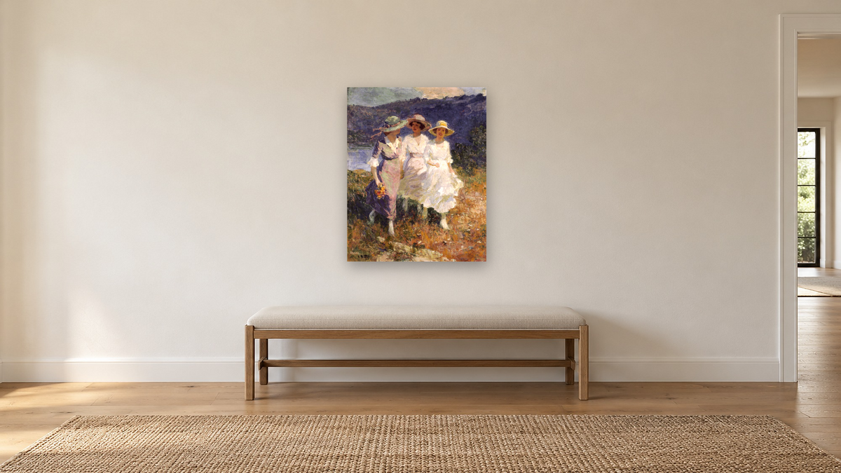 Walking In The Hills by Edward Henry Potthast I, shown at 32 × 40 in (81.3 × 101.6 cm) as gallery-wrapped canvas, hallway