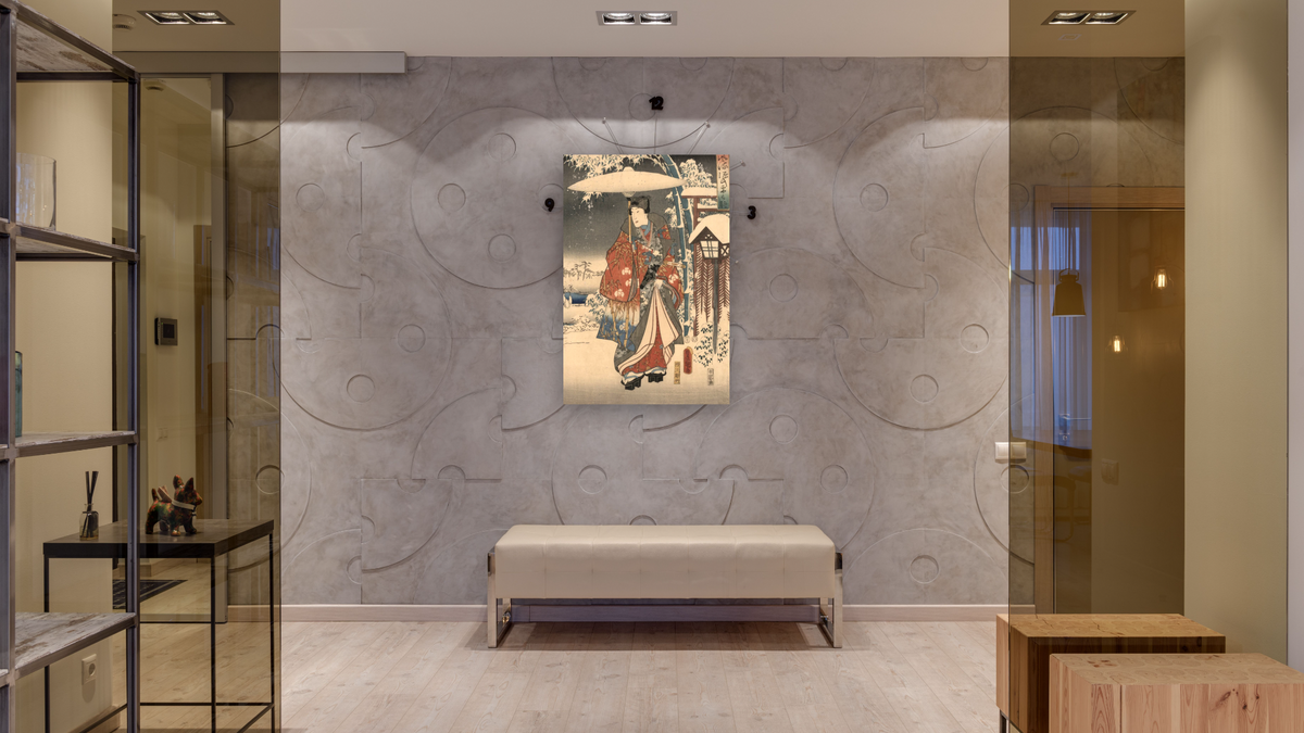 A modern version of the Tale of Genji in snow scenes, shown at 28 × 42 in (71.1 × 106.7 cm) as gallery-wrapped canvas, hallway