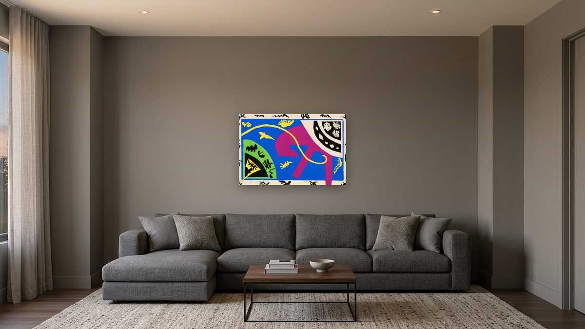 Horse, Rider, and Clown, plate V from the illustrated book “Jazz, 1947” by Henri Matisse, shown at 28 × 42 in (71.1 × 106.7 cm) as gallery-wrapped canvas, media room
