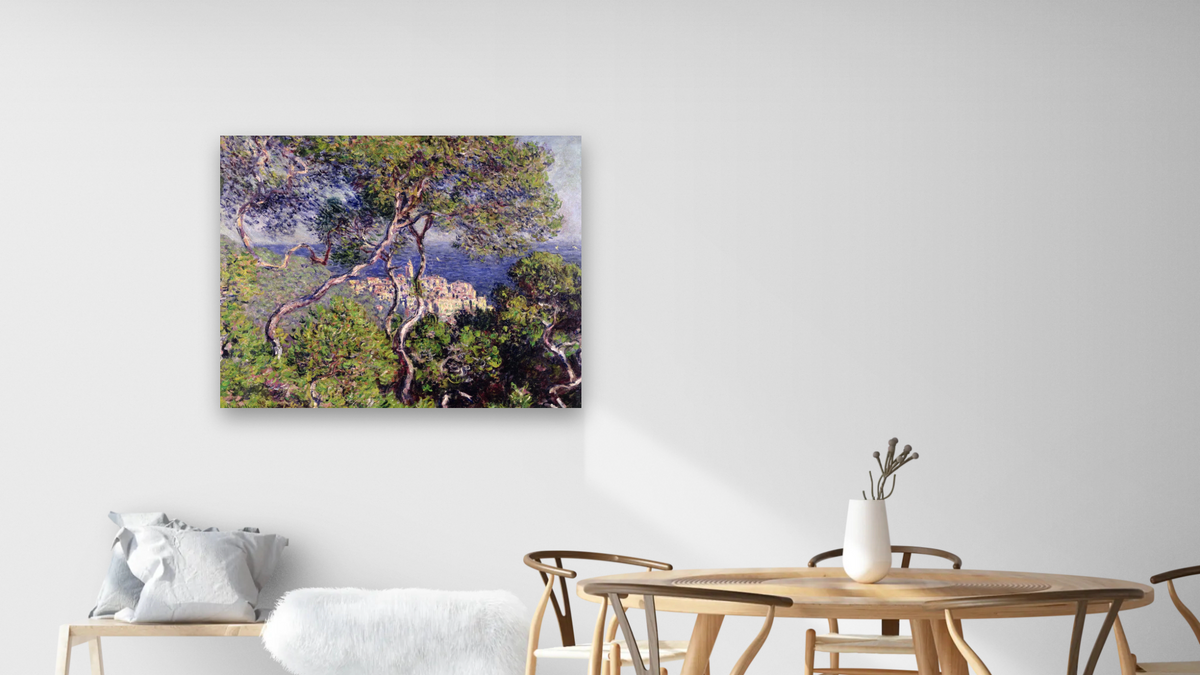 Bordighera by Claude Monet, shown at 32 × 40 in (81.3 × 101.6 cm) as gallery-wrapped canvas, dining