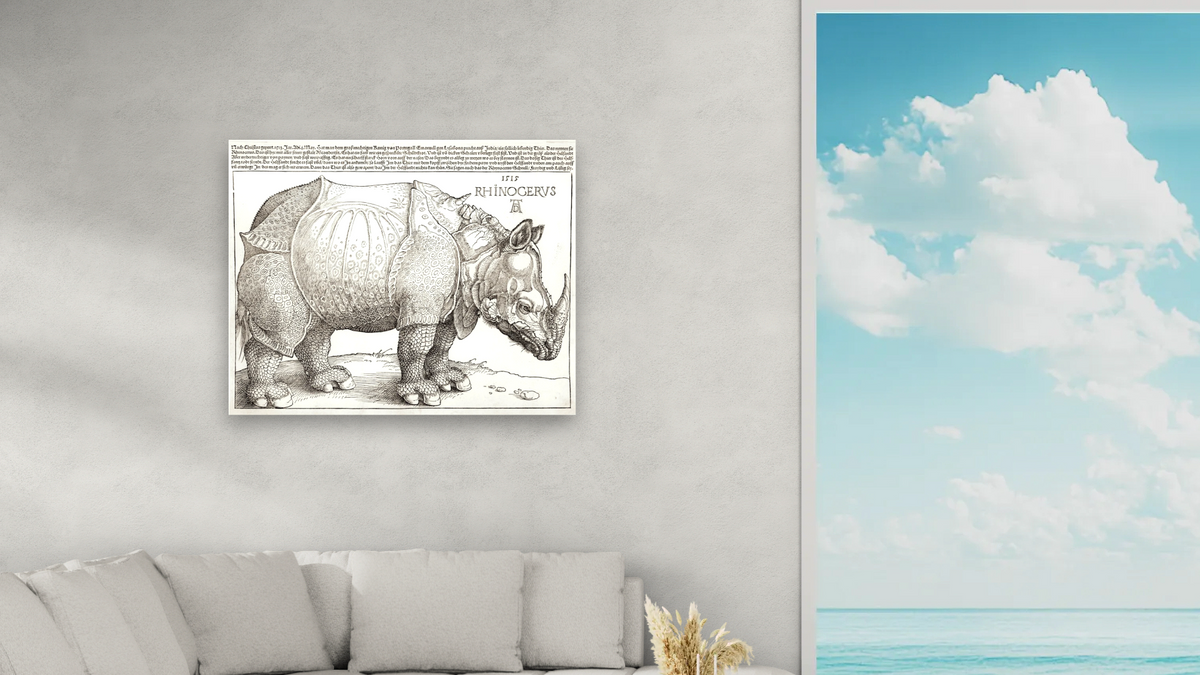 The Rhinoceros by Albrecht Dürer, shown at 32 × 40 in (81.3 × 101.6 cm) as gallery-wrapped canvas, living