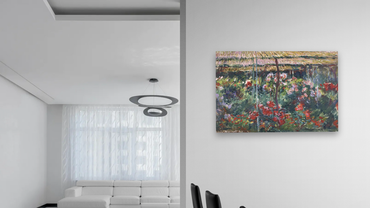 Peony Garden by Claude Monet, shown at 28 × 42 in (71.1 × 106.7 cm) as gallery-wrapped canvas, dining