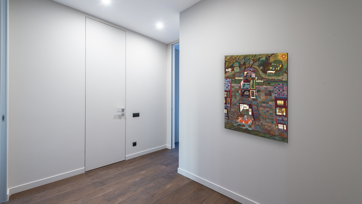 Sam's Dream by Ralph Fasanella, shown at 32 × 40 in (81.3 × 101.6 cm) as gallery-wrapped canvas, hallway