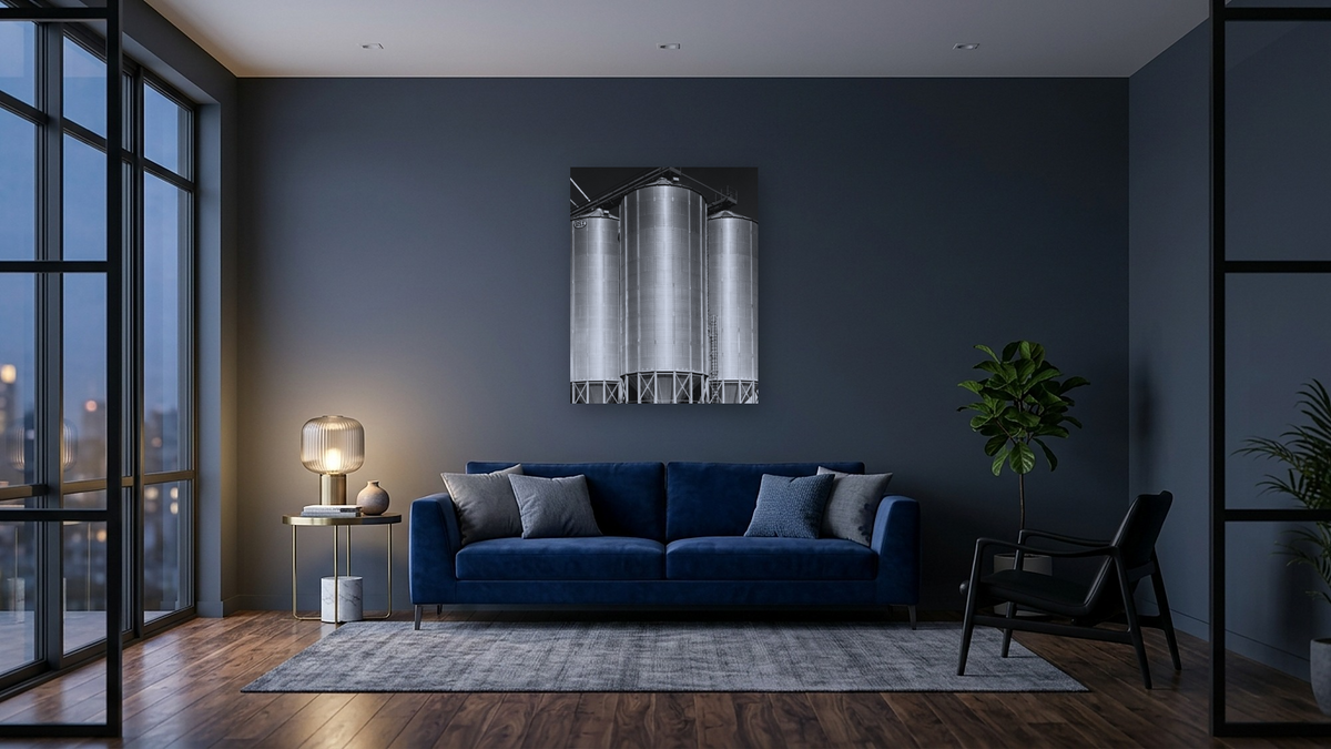 Corrugated Metal Silos #3 by Gordon Osmundson, shown at 32 × 40 in (81.3 × 101.6 cm) as gallery-wrapped canvas, den