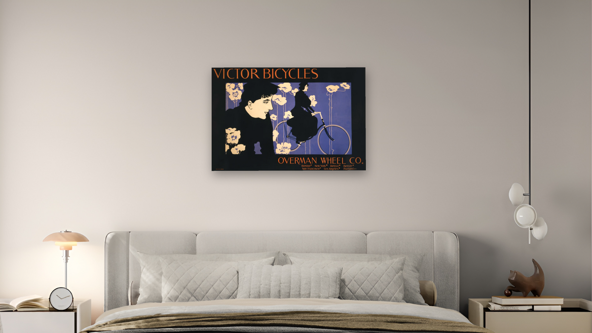 Victor, Victoria bicycles. Overman Wheel Co. by William H. Bradley, shown at 28 × 42 in (71.1 × 106.7 cm) as gallery-wrapped canvas, bedroom