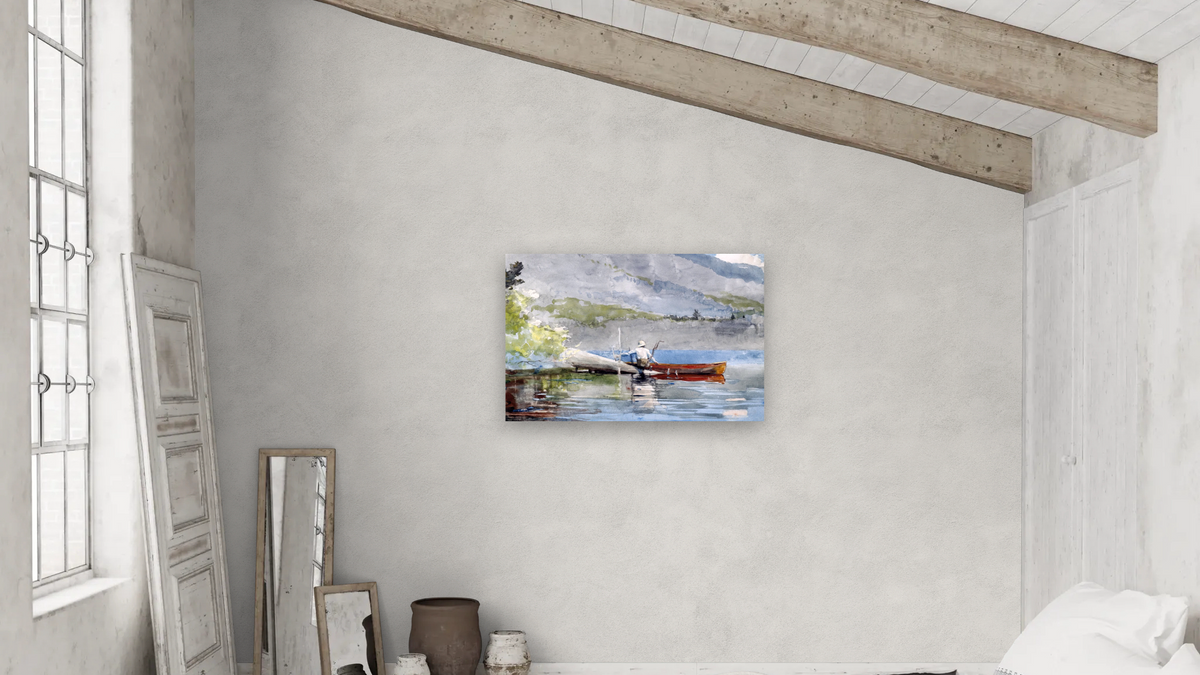 The Red Canoe by Winslow Homer, shown at 28 × 42 in (71.1 × 106.7 cm) as gallery-wrapped canvas, bedroom