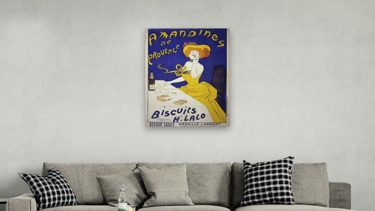 Amandines de Provence poster by Leonetto Cappiello, shown at 30 × 40 in (76.2 × 101.6 cm) as gallery-wrapped canvas, living
