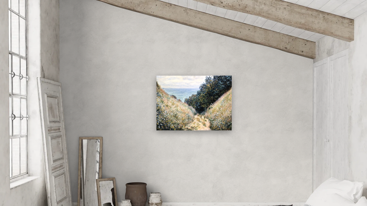 Road at La Cavée, Pourville by Claude Monet, shown at 30 × 40 in (76.2 × 101.6 cm) as gallery-wrapped canvas, bedroom