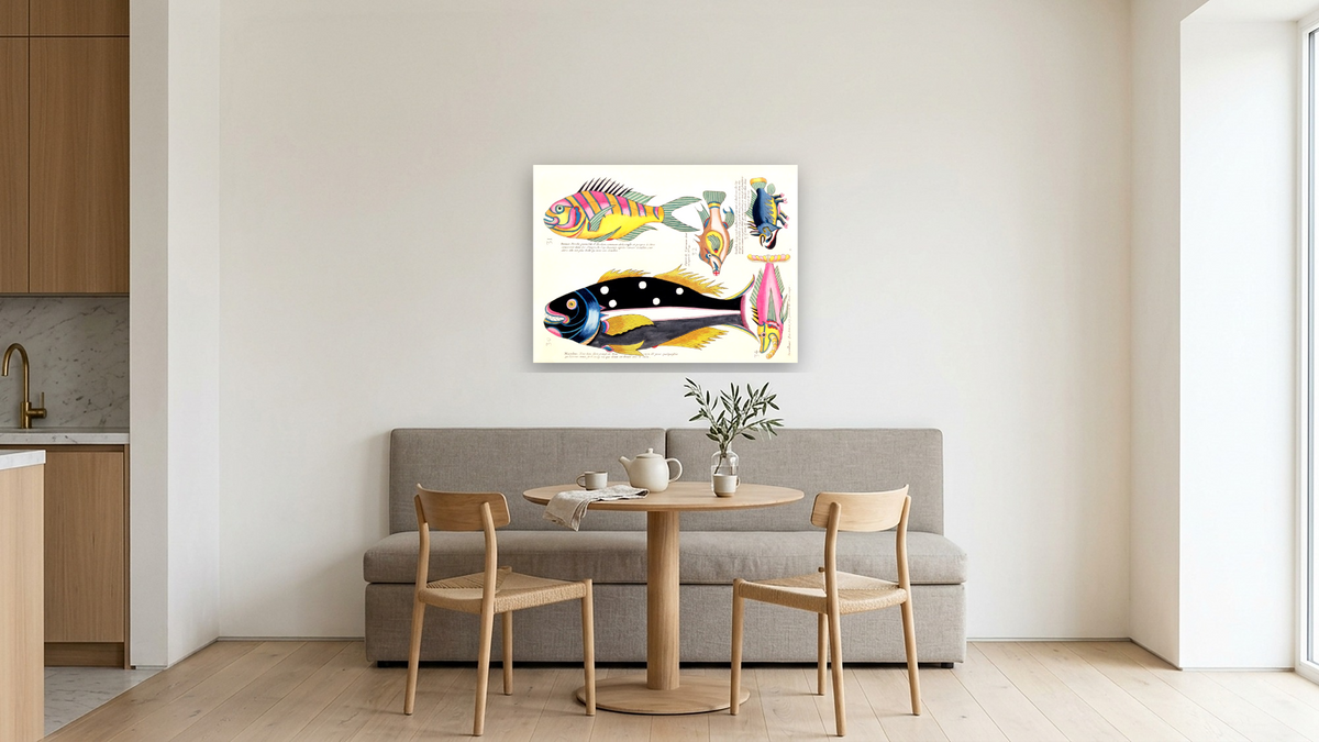 Fish by Louis Renard, shown at 30 × 40 in (76.2 × 101.6 cm) as gallery-wrapped canvas, kitchen