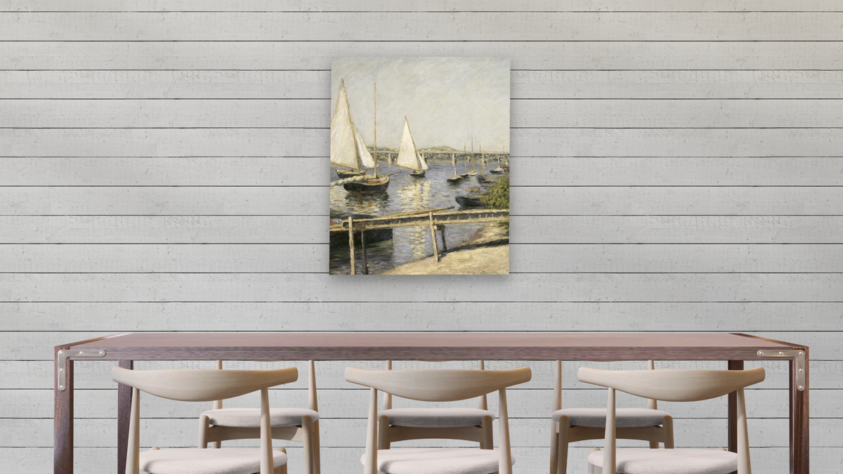 Sailing Boats at Argenteuil by Gustave Caillebotte, shown at 32 × 40 in (81.3 × 101.6 cm) as gallery-wrapped canvas, dining