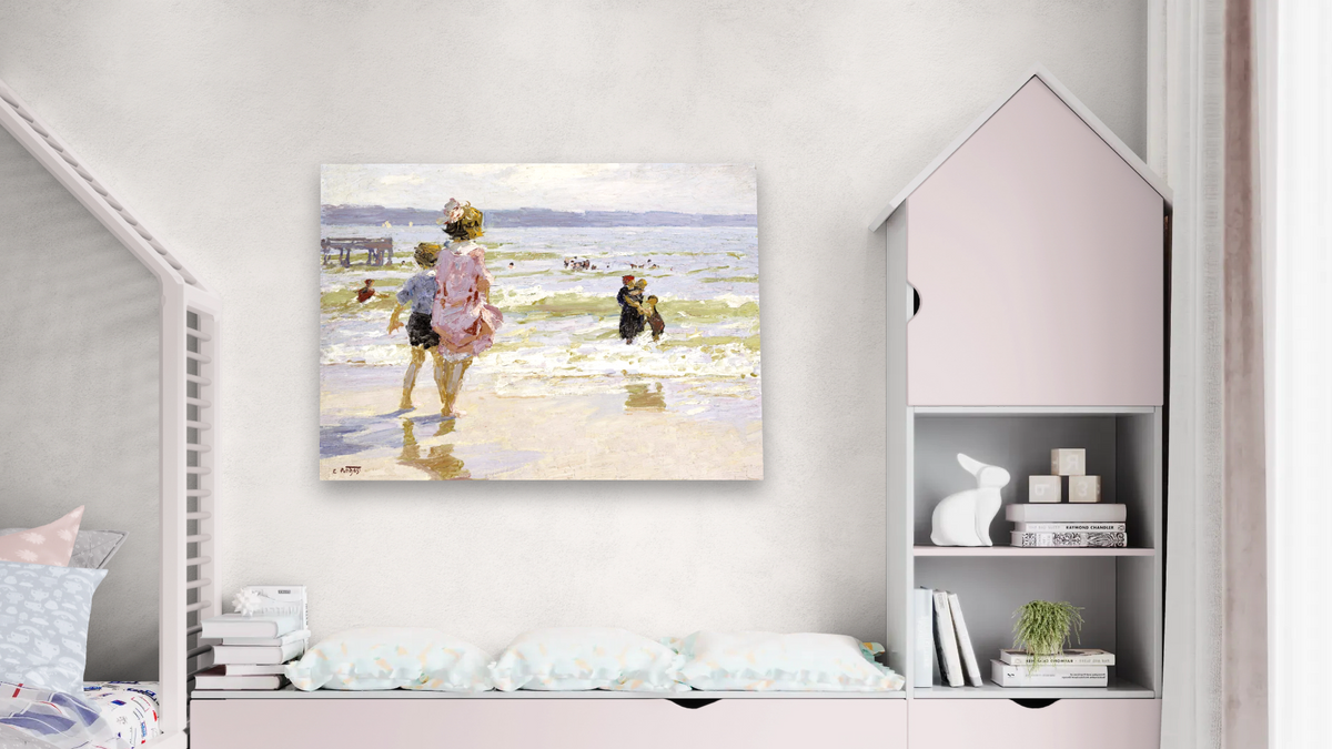 At The Seashore by Edward Henry Potthast I, shown at 30 × 40 in (76.2 × 101.6 cm) as gallery-wrapped canvas, bedroom