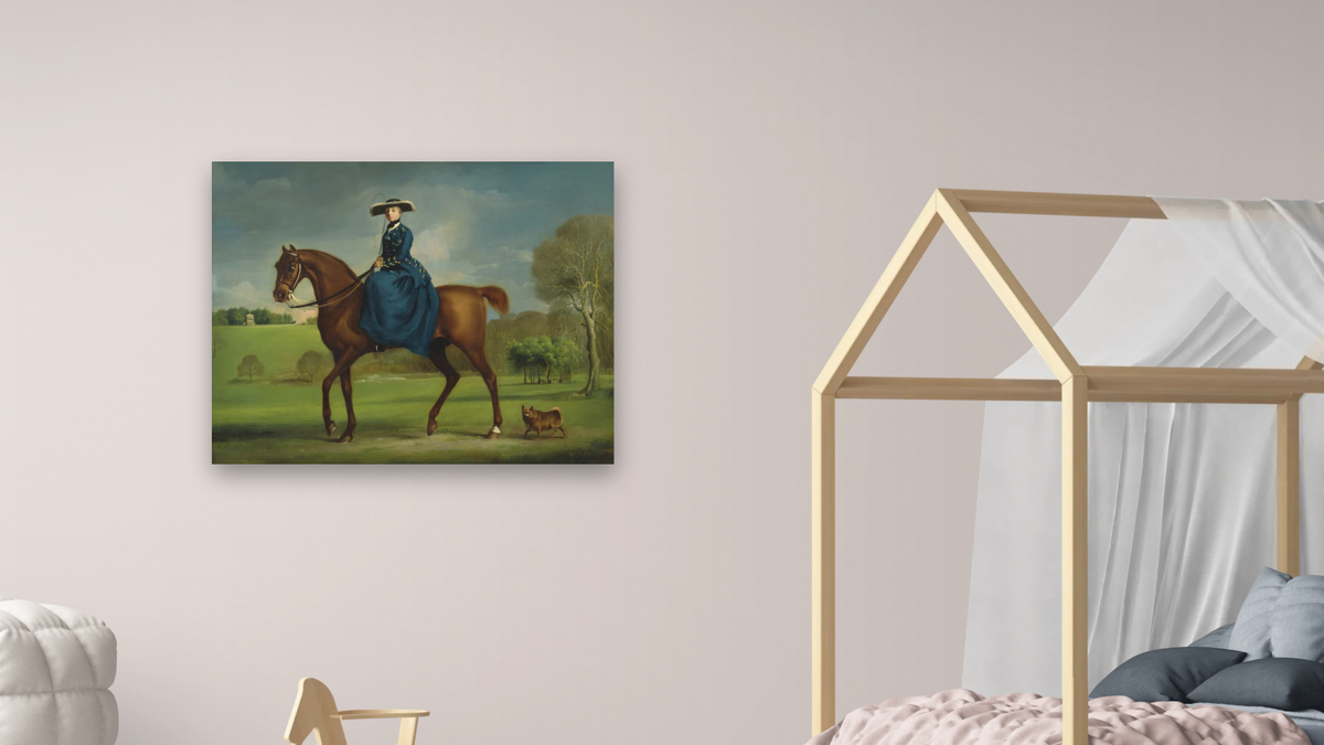 The Countess of Coningsby in the Costume of the Charlton Hunt by George Stubbs, shown at 32 × 40 in (81.3 × 101.6 cm) as gallery-wrapped canvas, bedroom
