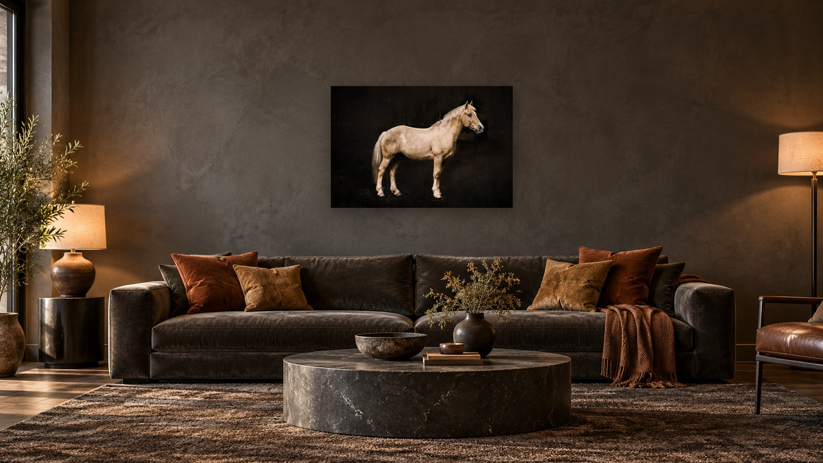 Sir. Stewie by Brandon Luther, shown at 28 × 42 in (71.1 × 106.7 cm) as gallery-wrapped canvas, den