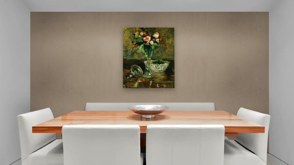 Roses by Berthe Morisot, shown at 32 × 40 in (81.3 × 101.6 cm) as gallery-wrapped canvas, dining