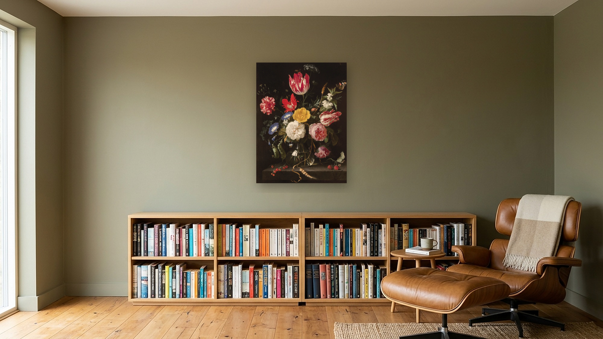 Glass Vase with Flowers on Stone Ledge, 1655-60 by Jan Davidsz de Heem, shown at 30 × 40 in (76.2 × 101.6 cm) as gallery-wrapped canvas, library
