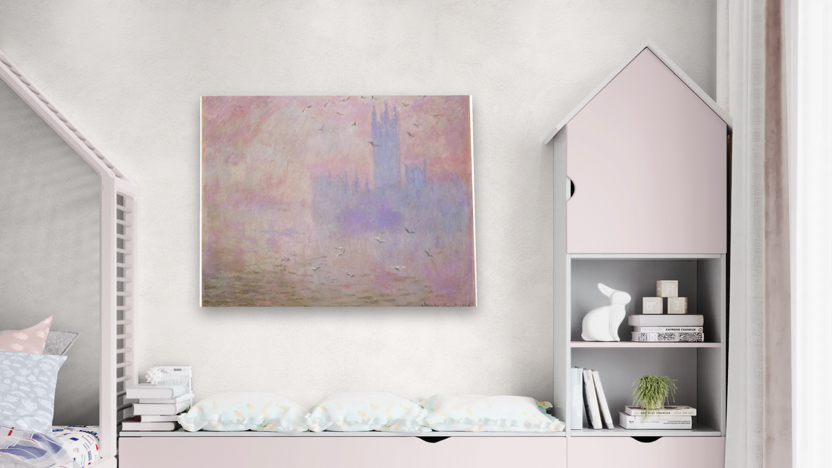 The Houses of Parliament, Seagulls by Claude Monet, shown at 32 × 40 in (81.3 × 101.6 cm) as gallery-wrapped canvas, bedroom