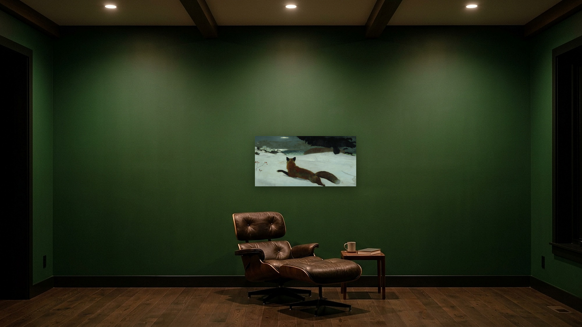 The Fox Hunt by Winslow Homer, shown at 20 × 40 in (50.8 × 101.6 cm) as gallery-wrapped canvas, den