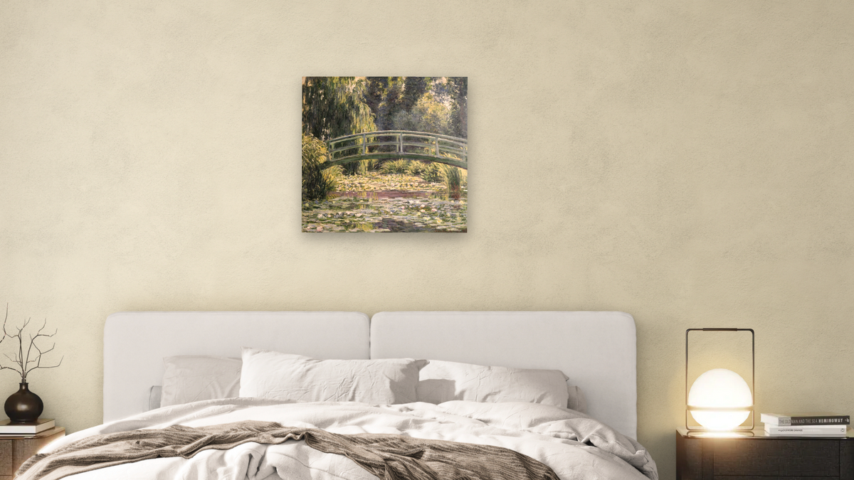 The Japanese Footbridge, Giverny by Claude Monet, shown at 32 × 32 in (81.3 × 81.3 cm) as gallery-wrapped canvas, bedroom