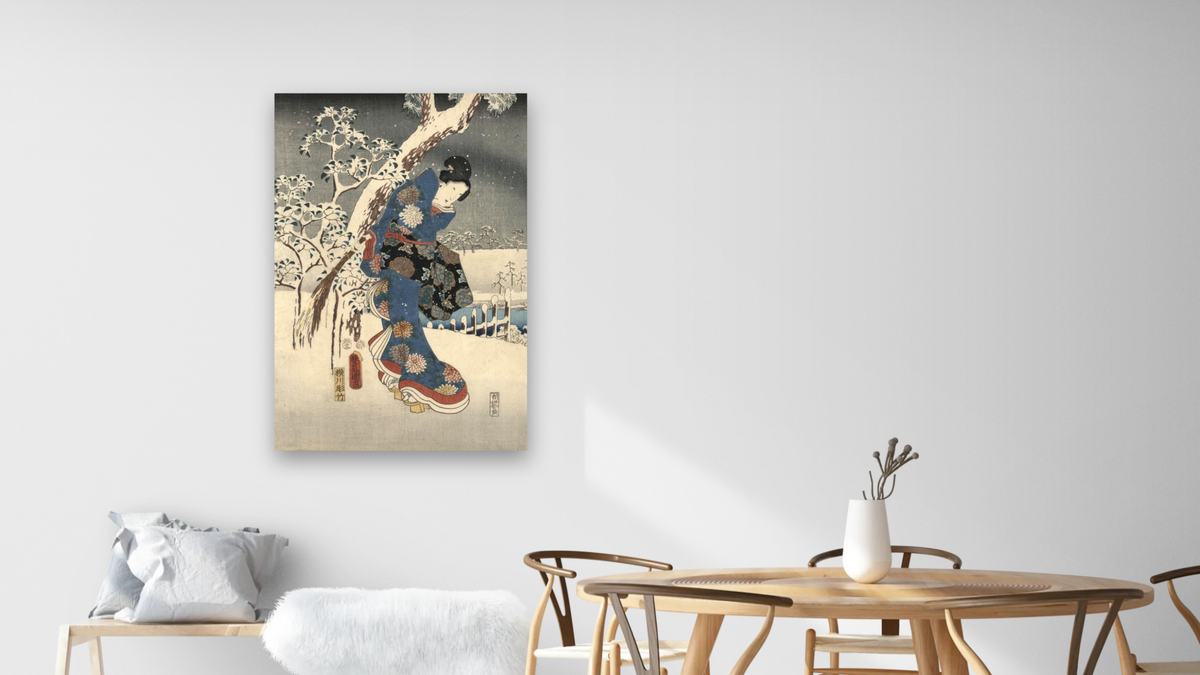 A modern version of the Tale of Genji in snow scenes, shown at 28 × 42 in (71.1 × 106.7 cm) as gallery-wrapped canvas, dining
