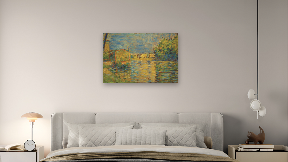 Banks of the Seine near Courbevoie by Georges Seurat, shown at 28 × 42 in (71.1 × 106.7 cm) as gallery-wrapped canvas, bedroom