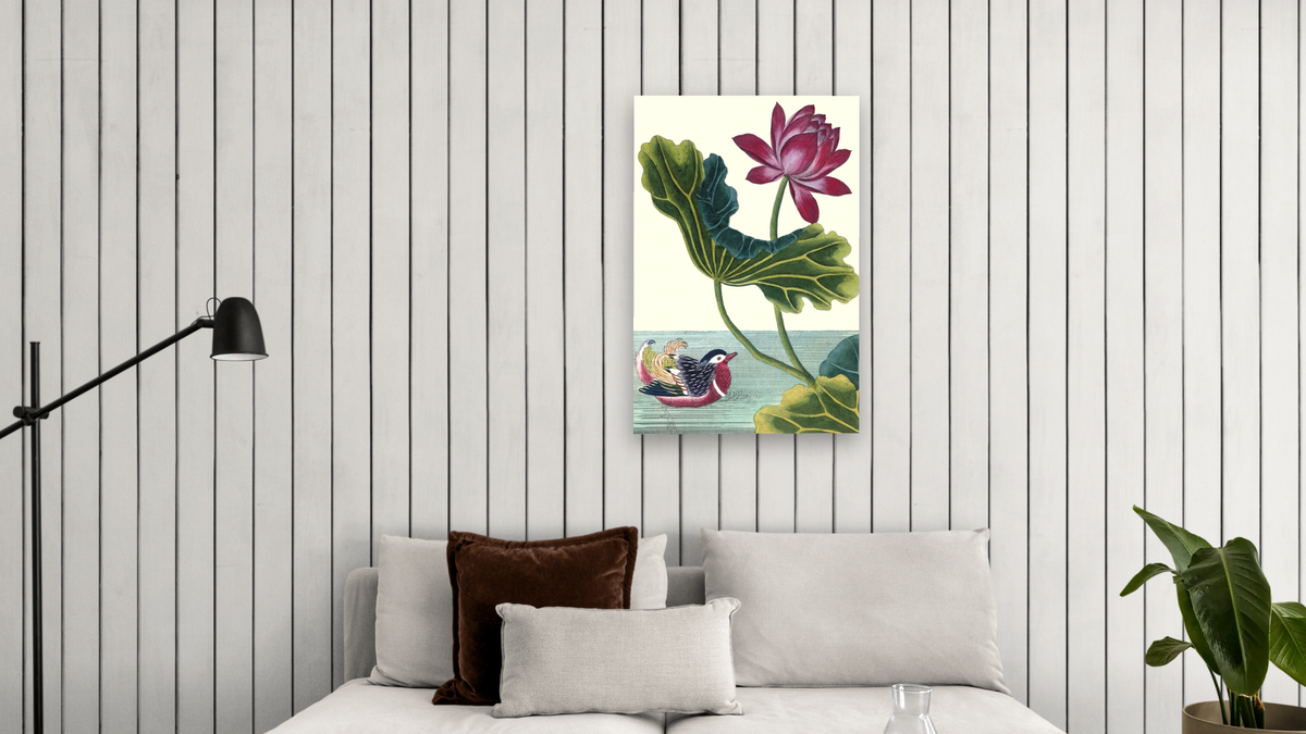 Red lotus with mandarin duck by Pierre Joseph Buchoz, shown at 28 × 42 in (71.1 × 106.7 cm) as gallery-wrapped canvas, living