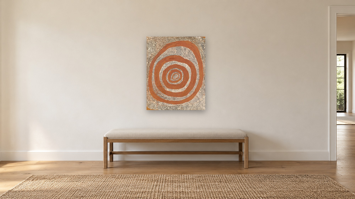 Snake and Water Dreaming by Yala Yala Gibbes, shown at 32 × 40 in (81.3 × 101.6 cm) as gallery-wrapped canvas, hallway
