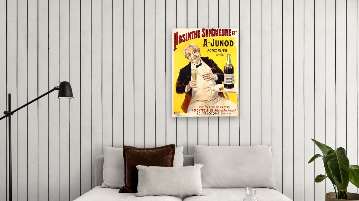 Absinthe Superieure Beverage Poster, shown at 30 × 40 in (76.2 × 101.6 cm) as gallery-wrapped canvas, living