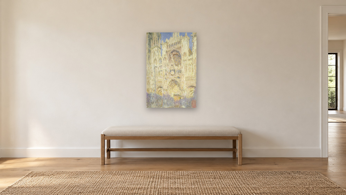 Rouen Cathedral at Sunset by Claude Monet, shown at 28 × 42 in (71.1 × 106.7 cm) as gallery-wrapped canvas, hallway