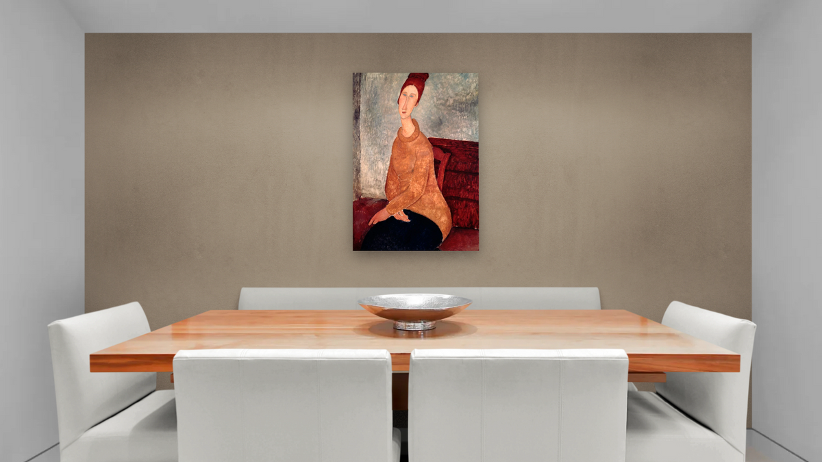 Jeanne Hebuterne in a Yellow Jumper by Amedeo Modigliani, shown at 28 × 42 in (71.1 × 106.7 cm) as gallery-wrapped canvas, dining