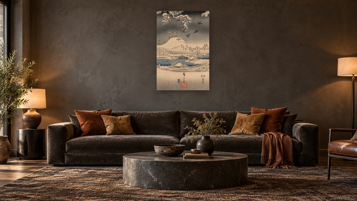 A modern version of the Tale of Genji in snow scenes, shown at 28 × 42 in (71.1 × 106.7 cm) as gallery-wrapped canvas, den