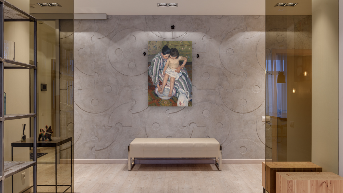 The Child's Bath by Mary Cassatt, shown at 28 × 42 in (71.1 × 106.7 cm) as gallery-wrapped canvas, hallway