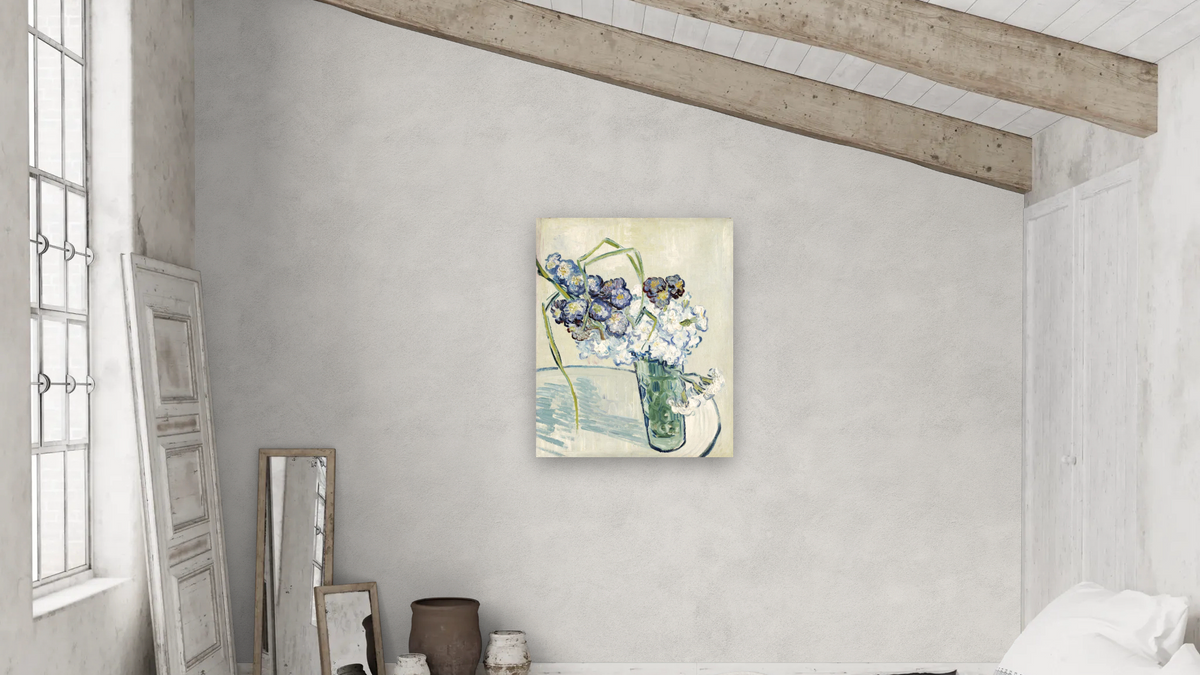 Still Life, Vase of Carnations by Vincent van Gogh, shown at 32 × 40 in (81.3 × 101.6 cm) as gallery-wrapped canvas, bedroom