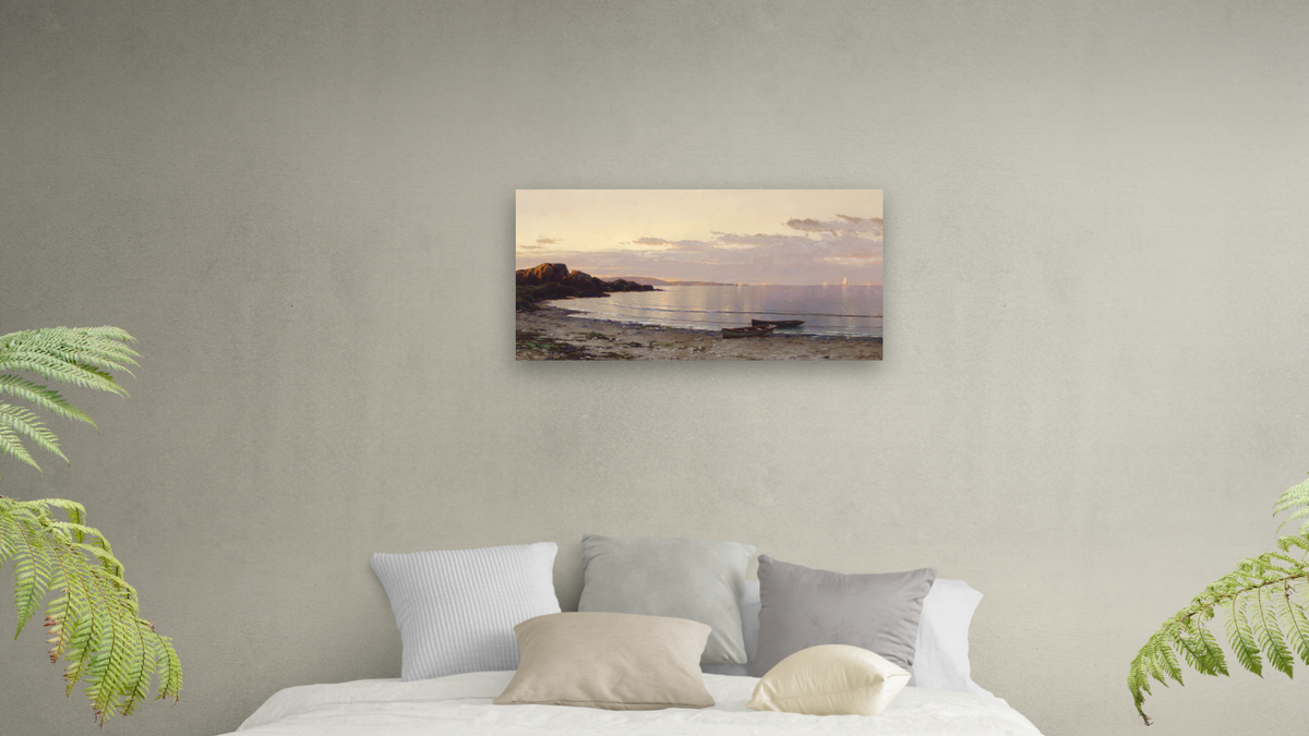 Coastal View at Sunset by Alfred Thompson Bricher, shown at 20 × 40 in (50.8 × 101.6 cm) as gallery-wrapped canvas, bedroom