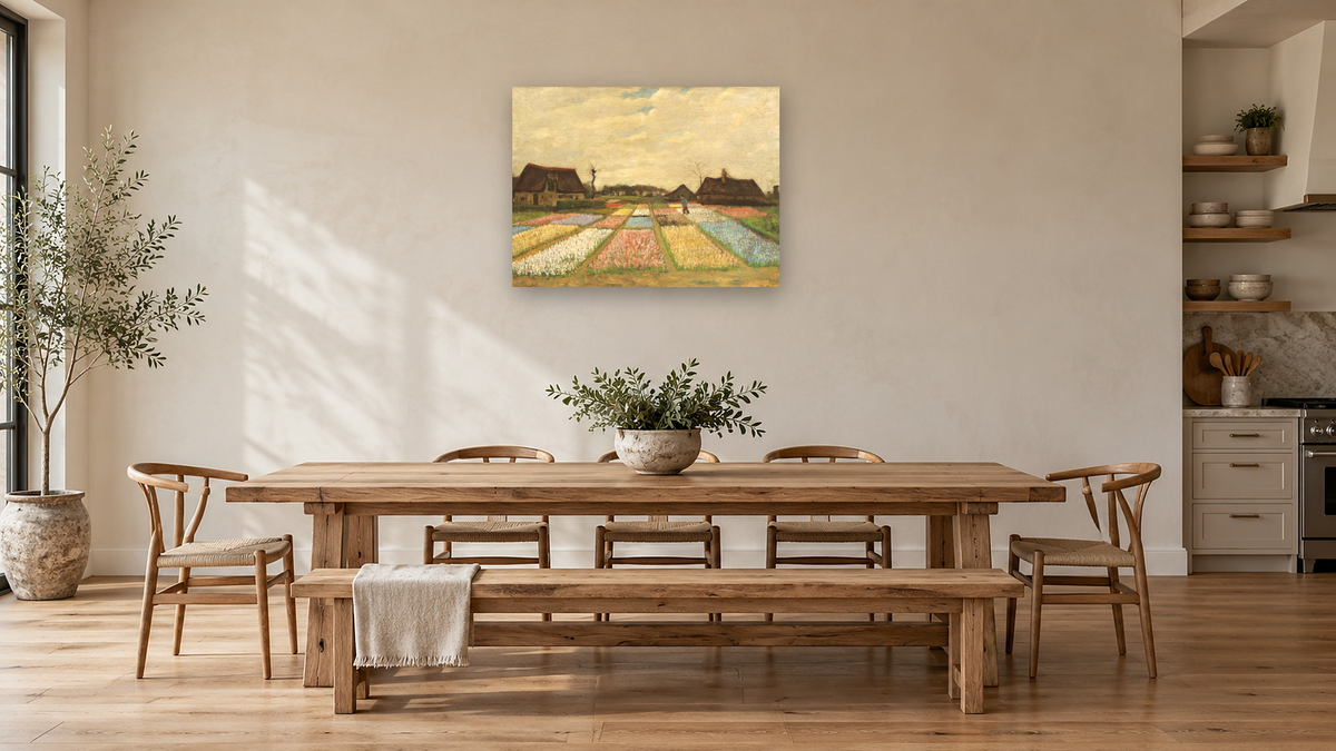 Flower Beds in Holland by Vincent van Gogh, shown at 30 × 40 in (76.2 × 101.6 cm) as gallery-wrapped canvas, kitchen